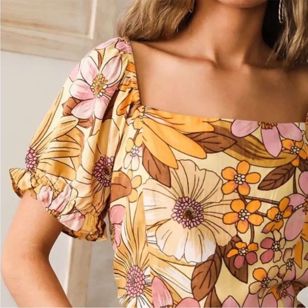 Angie Floral Square Neck Top - Yellow, Pink, Brown